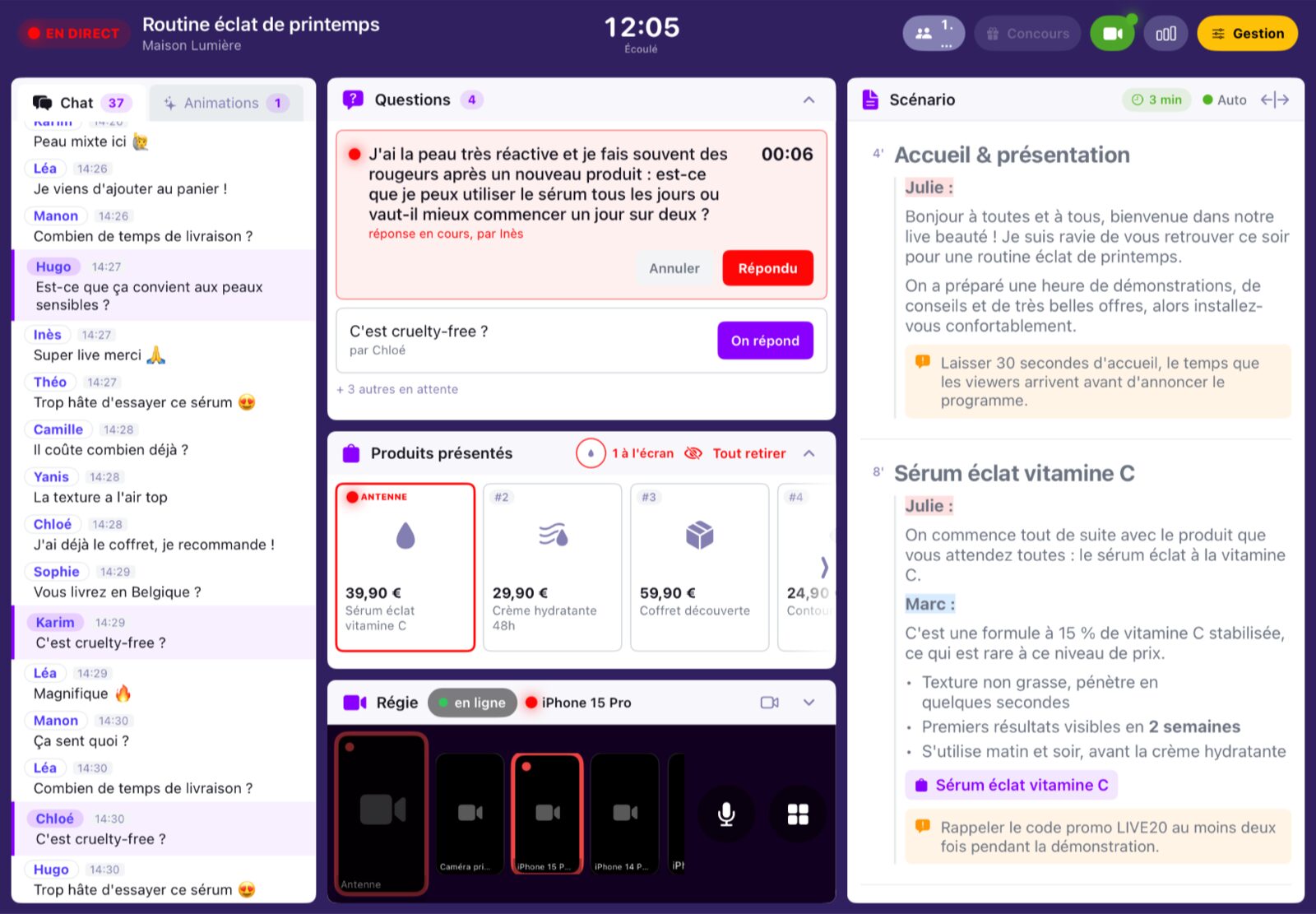 La régie Caast sur iPad : caméras, chat, questions, produits et scénario sur un même écran
