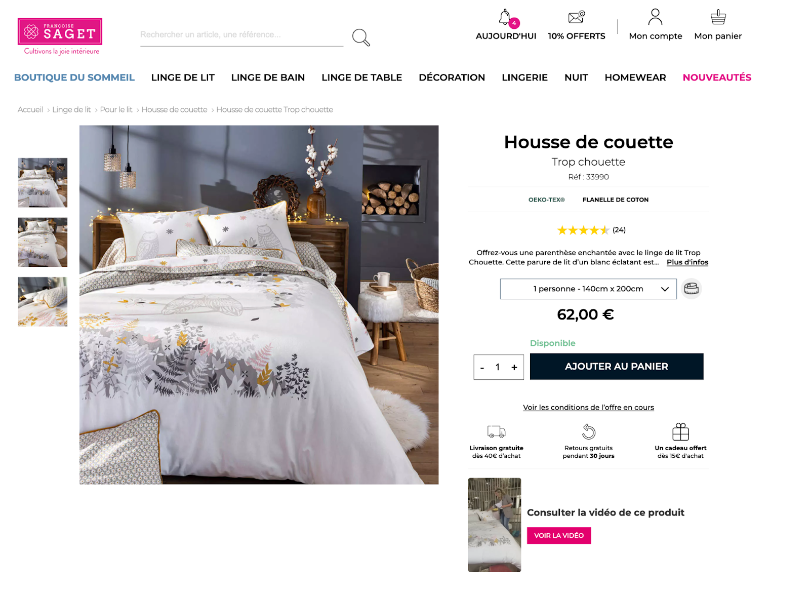 Françoise Saget product page featuring the Live Shopping Replay that presents it (bottom right)