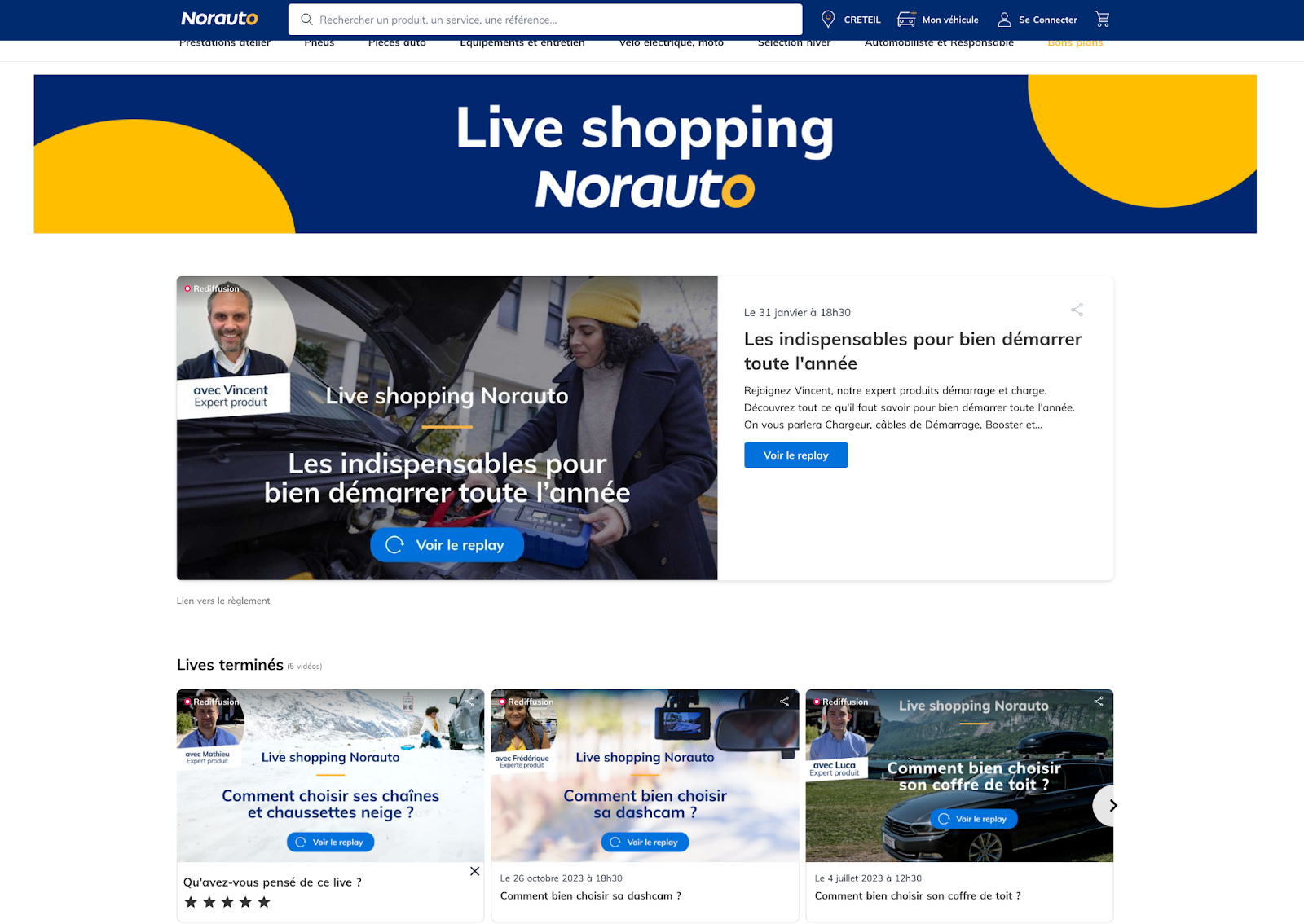 A web page displaying all of a retailer's replays