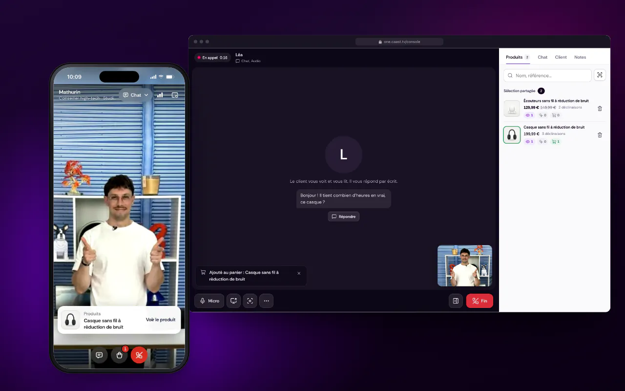 Sur son téléphone, Léa voit Mathurin, conseiller high-tech du studio Caast, qui vient de lui envoyer le casque sans fil&nbsp;; sur sa console, Mathurin lit sa question et voit l’ajout au panier.