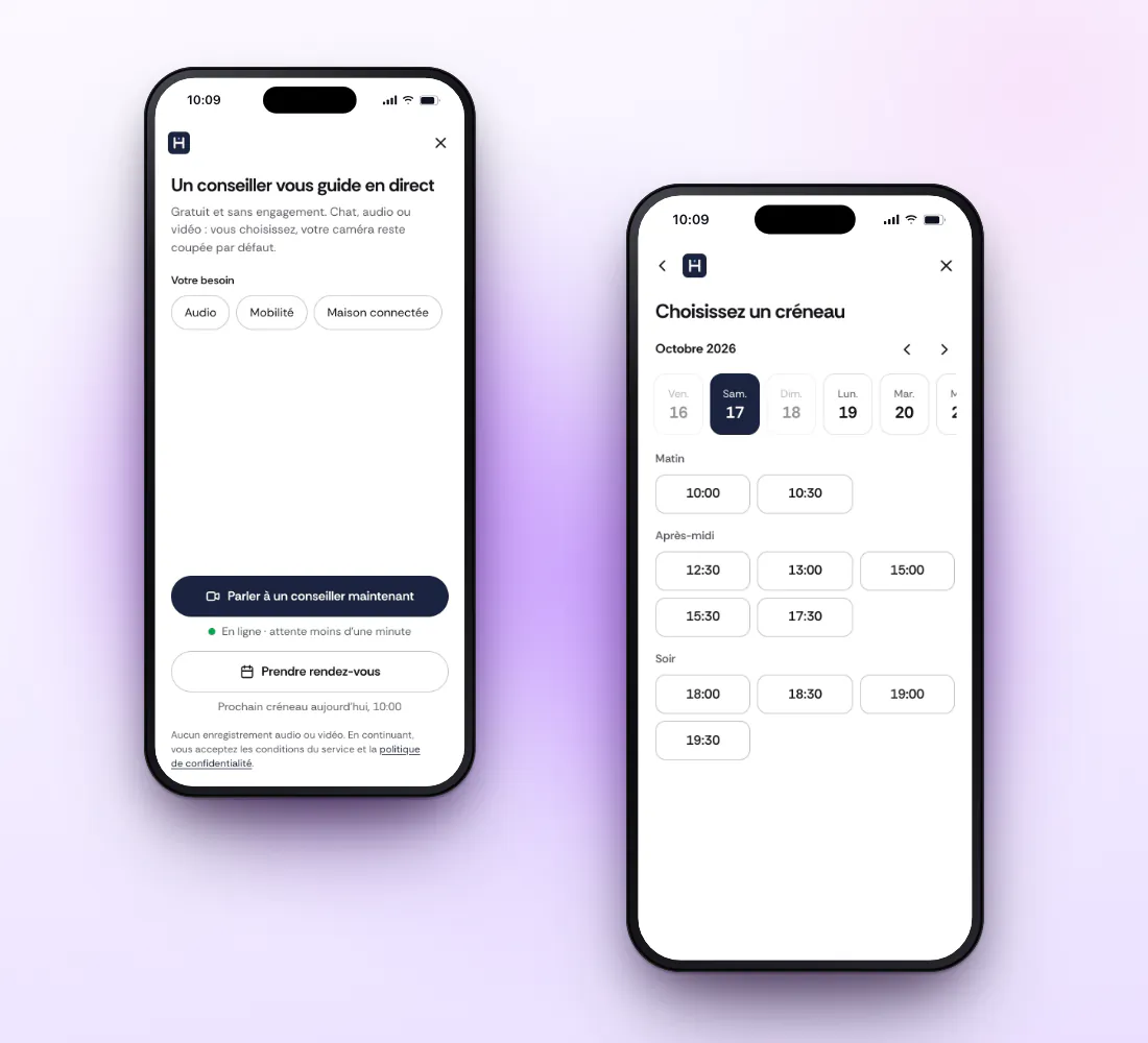 Deux chemins dans le widget&nbsp;: parler à un conseiller maintenant ou prendre rendez-vous, puis choisir un créneau au studio Caast.