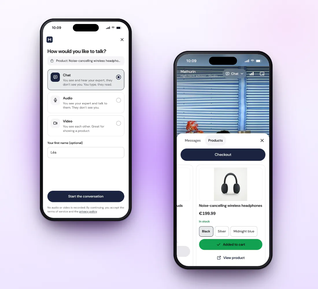 The mobile widget: the customer picks chat, audio or video, then adds the black headphones to her cart from the product card the expert sent, without leaving the call.