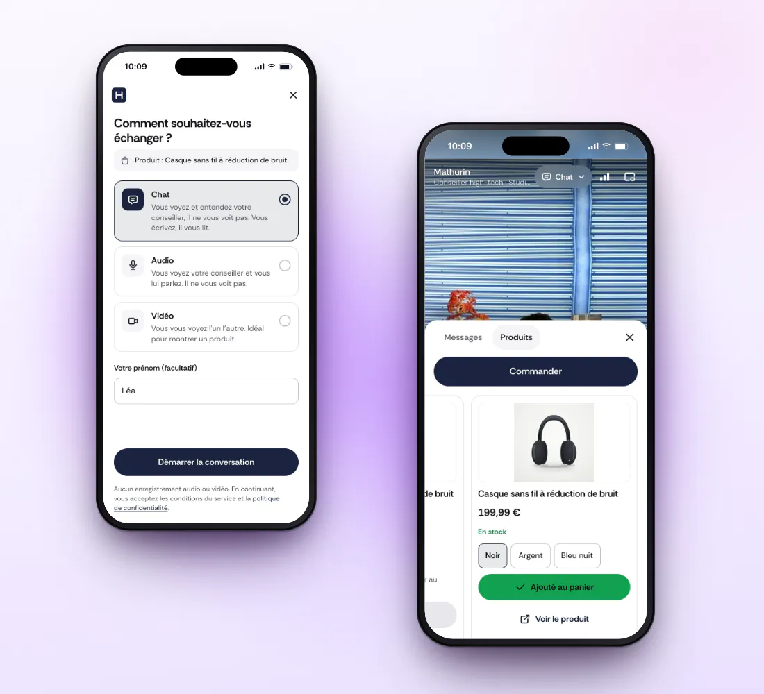 Le widget sur mobile&nbsp;: la cliente choisit chat, audio ou vidéo, puis ajoute le casque noir au panier depuis la fiche envoyée par le conseiller, sans quitter l’appel.